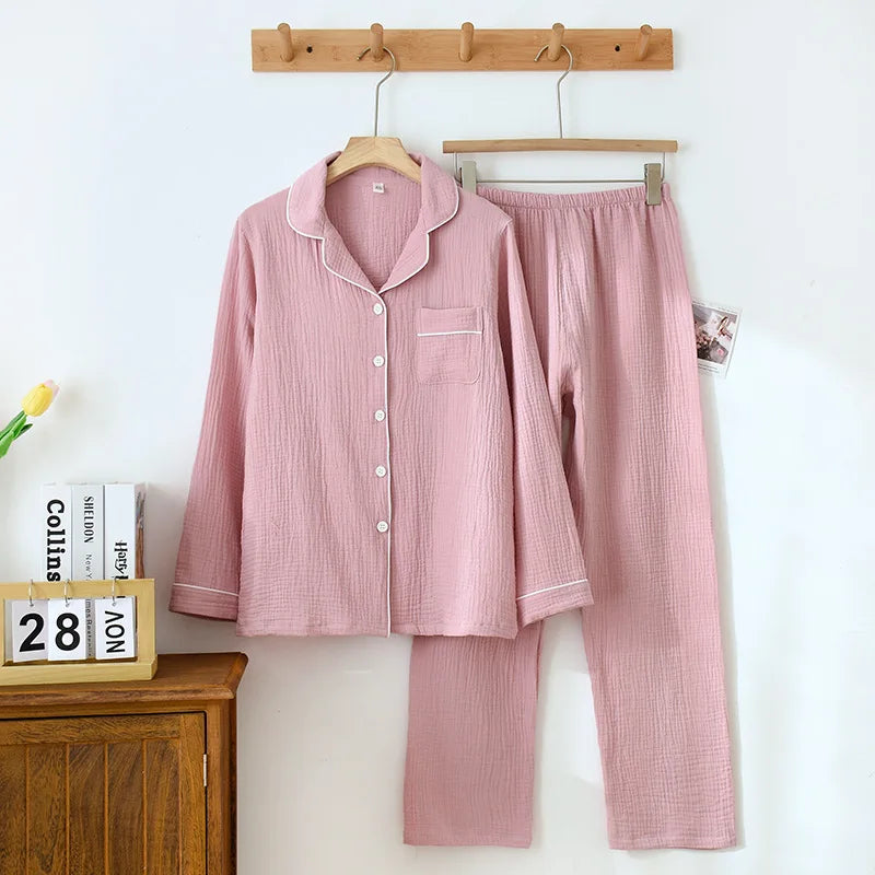 Spring and Autumn Couple Pajamas Set 100%Cotton Crepe Long Sleeve Pants Two Piece Men's and Women's Large Size
