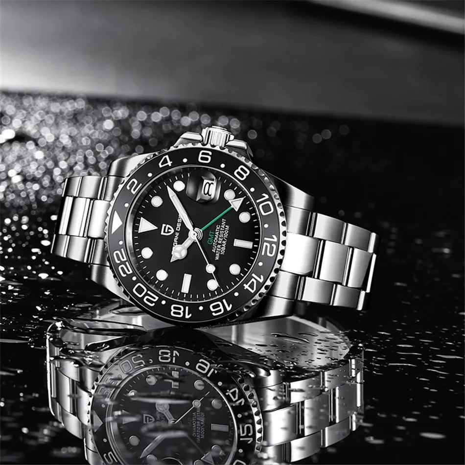 Luxury GMT Men's Mechanical Wristwatch Sapphire Glass Stainless Steel 100M Waterproof Automatic