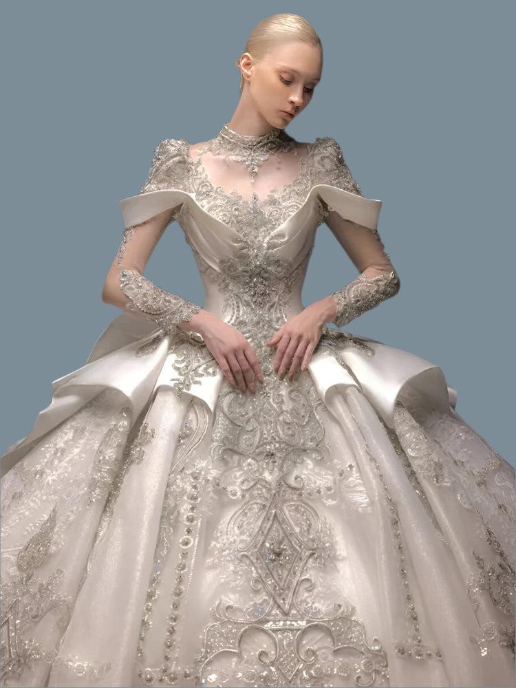 Luxury Bridal Wedding Dress Long Sleeve Princess Sparkling Beaded Customized