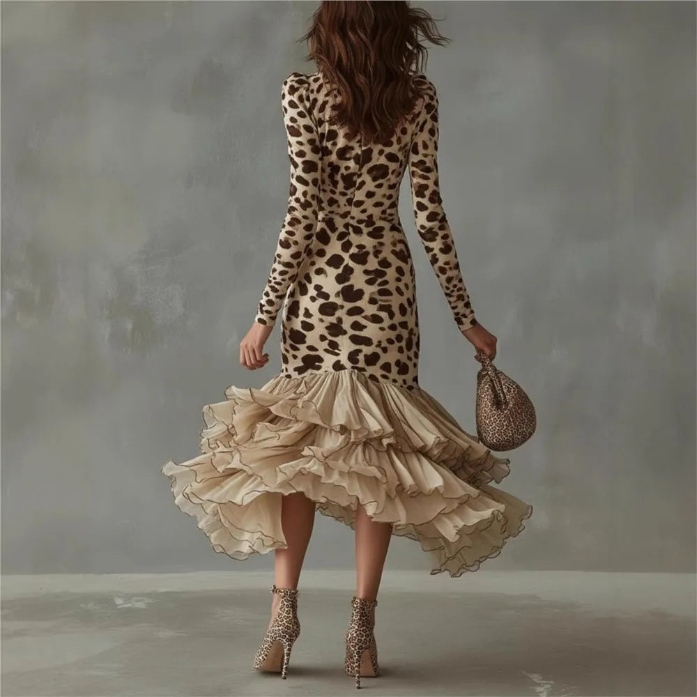 Women Sexy Deep V Neck Leopard Print Slim Fit Long Sleeve Dress Fashion Mesh Splicing Hem Autumn