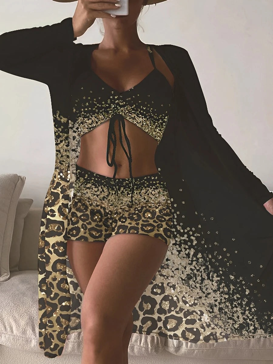 3 Pieces High Waist Bikini Printed Swimsuit Women & Kimono Swimwear