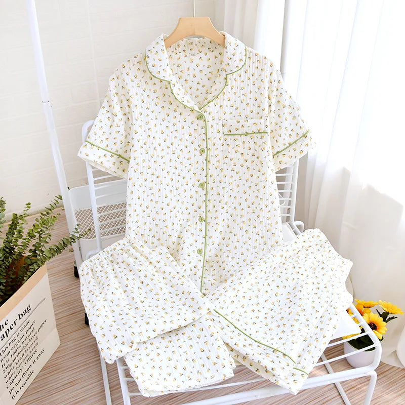 Summer women's cotton crepe three-piece short sleeve + shorts + trousers large size simple flower pajamas