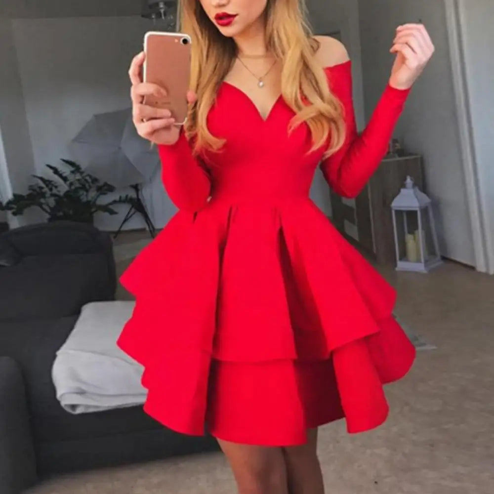 Elegant Women Long Sleeve V Neck Off Shoulder Swing Ruffled Hem Mini Dress