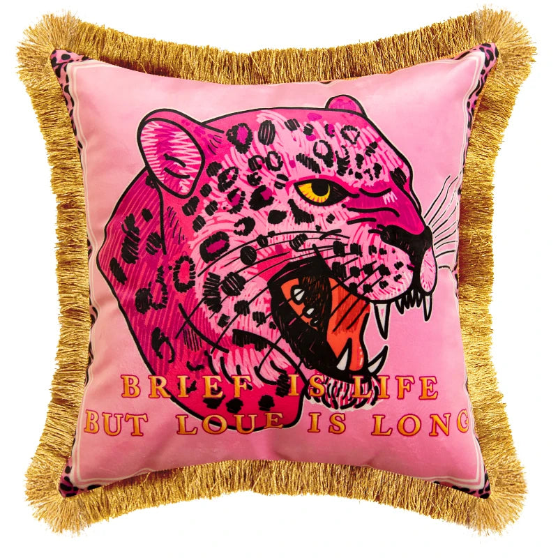 Luxury Pink Tiger Pillowcase Double-sided Velvet Tassel Living Room Sofa Decoration Square Cushion Cover