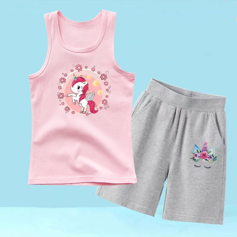 Summer Girls 2PCS Vest Set Perfume Bottle Print Sleeveless Top and Shorts