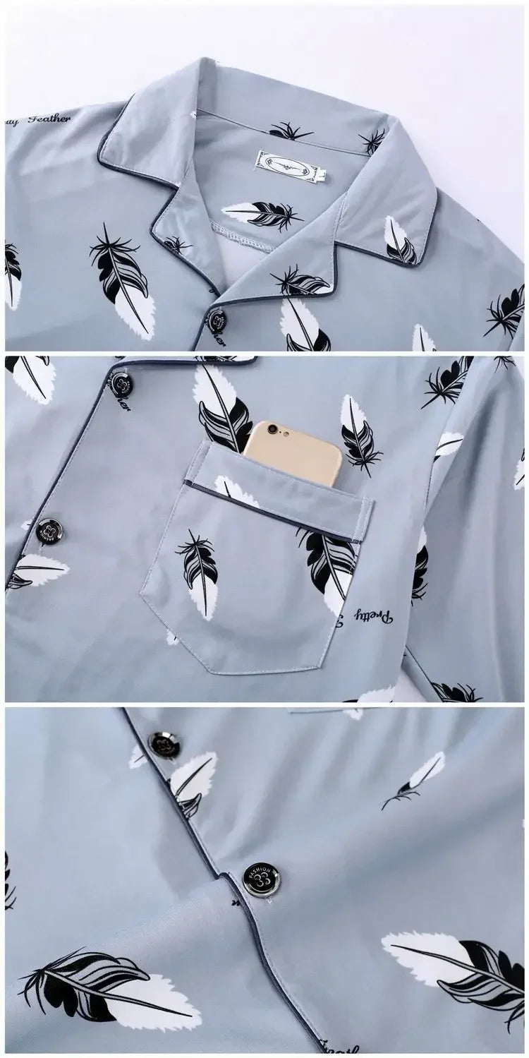 Men's Pajamas Long-Sleeved 2PCS Set Cardigan Plaid Top Trousers Nightwear