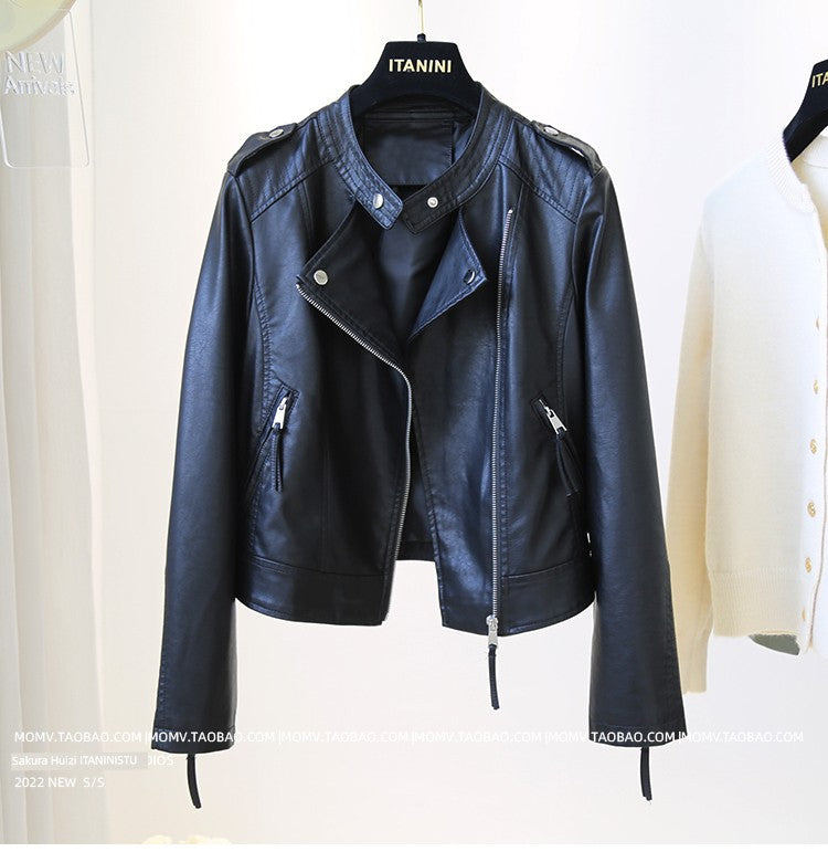 Short Stand-up Collar Slim-Fit Long-Sleeved Motorcycle Leather Coat