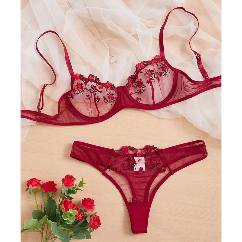 Beautiful Women Sexy 2 Piece Floral Embroidery Underwear Sets