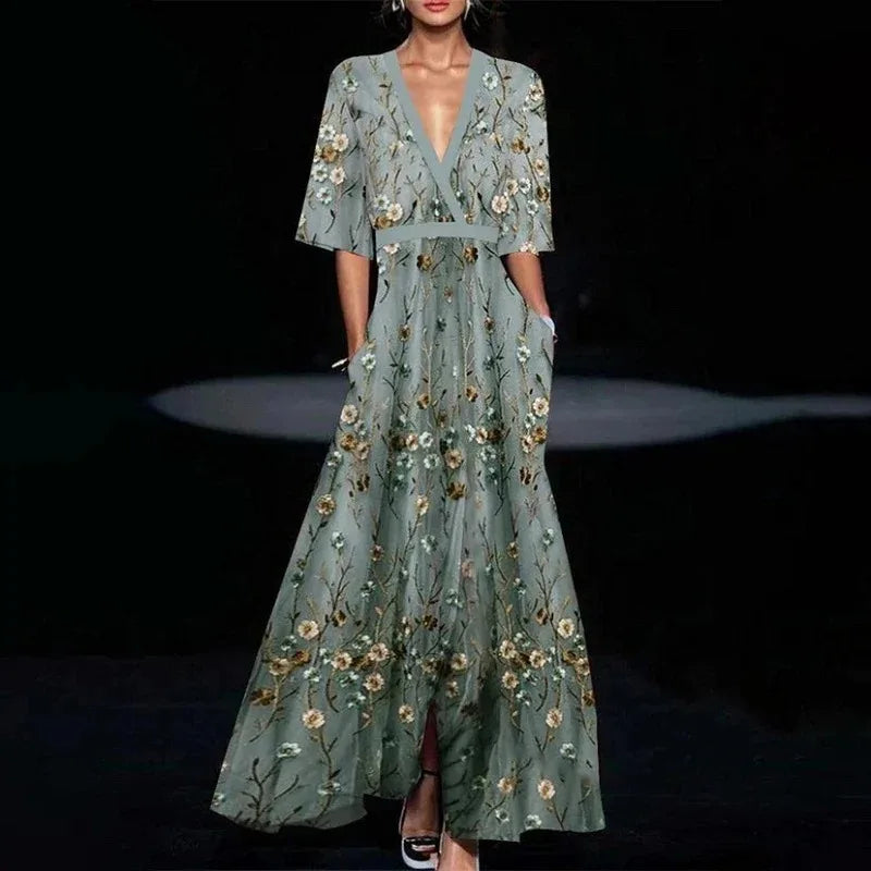 Elegant Women V Neck Belted Party Long Dress Sexy Printing A-Line