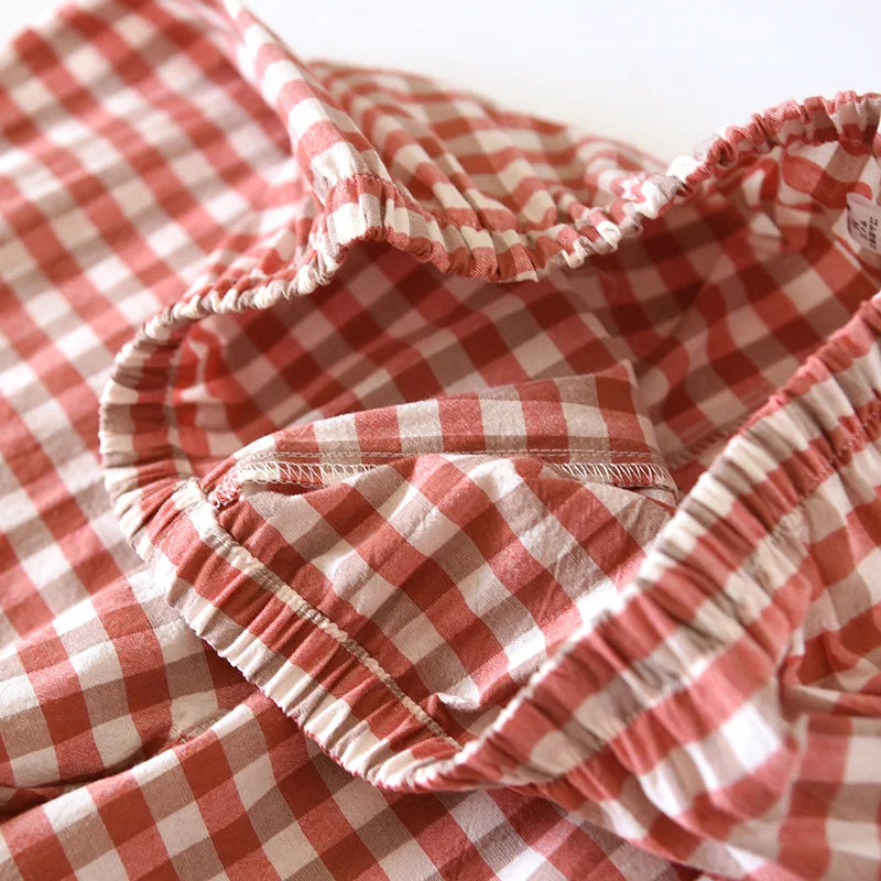 Spring and Autumn Unisex Pajama Set 100% Cotton Men's and Women's Plaid Long Sleeved Two Piece