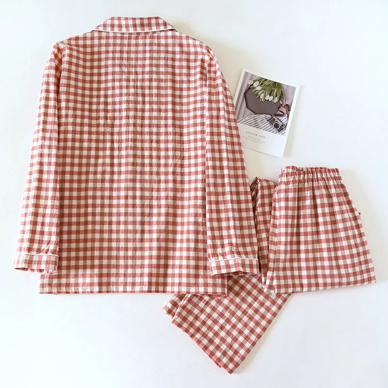 Spring and Autumn Unisex Pajama Set 100% Cotton Men's and Women's Plaid Long Sleeved Two Piece