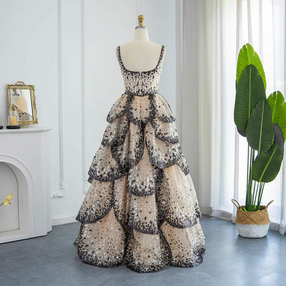 Customized Luxury Evening Sparkly Sparkly Sequin Tiered Ruffles Ball Gown Evening Dress