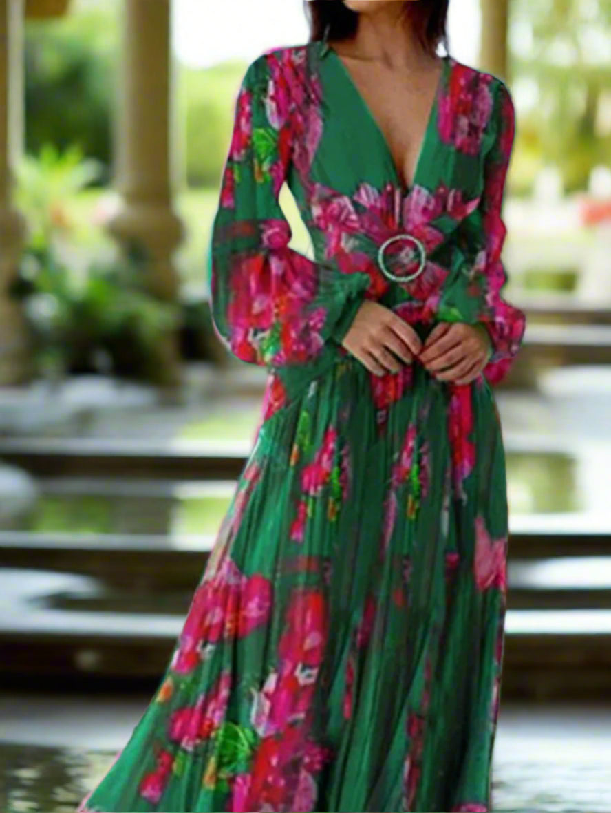 Spring Autumn V-Neck Maxi Floral Print Dress Long Sleeve Waist A-line