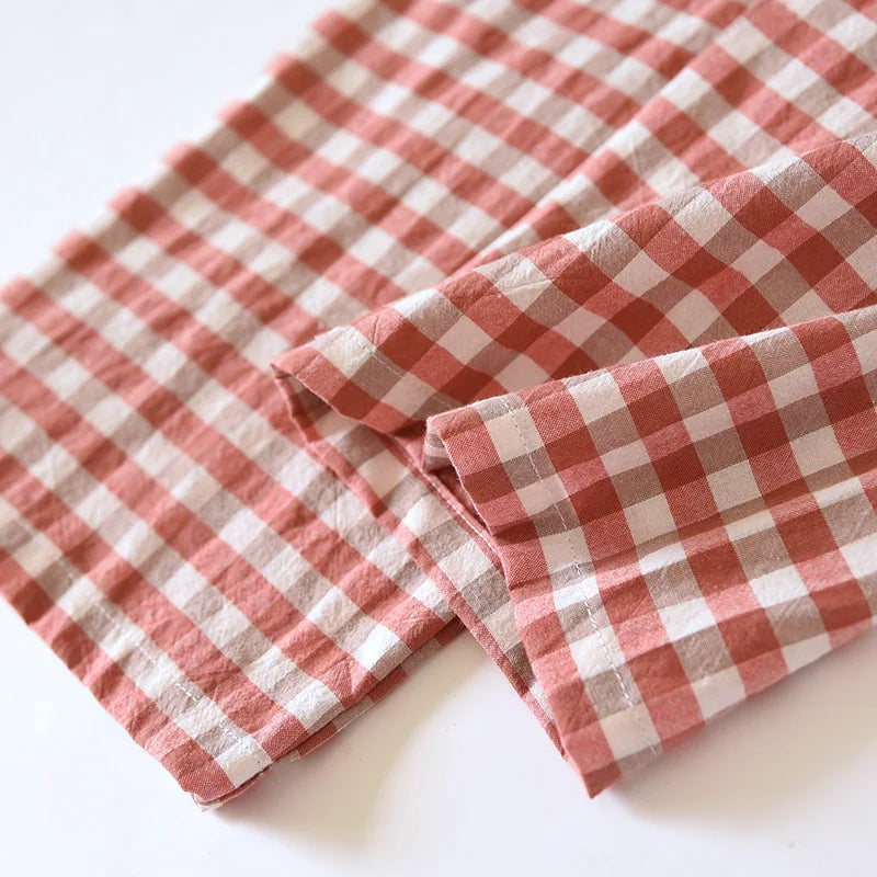 Spring and Autumn Unisex Pajama Set 100% Cotton Men's and Women's Plaid Long Sleeved Two Piece