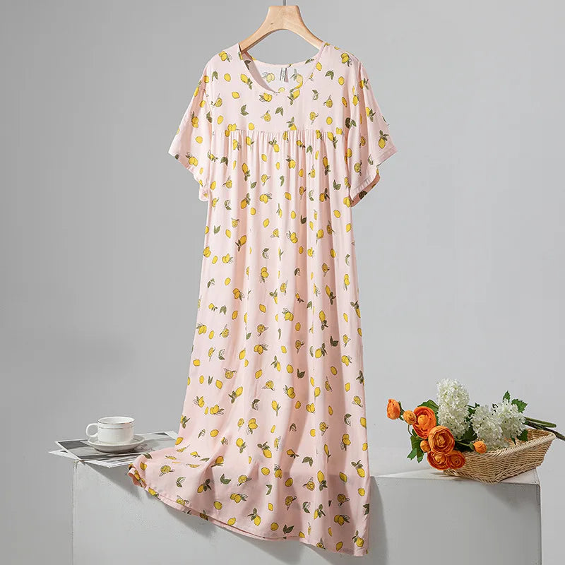 Summer Women Nightgown Short Sleeve Round Neck