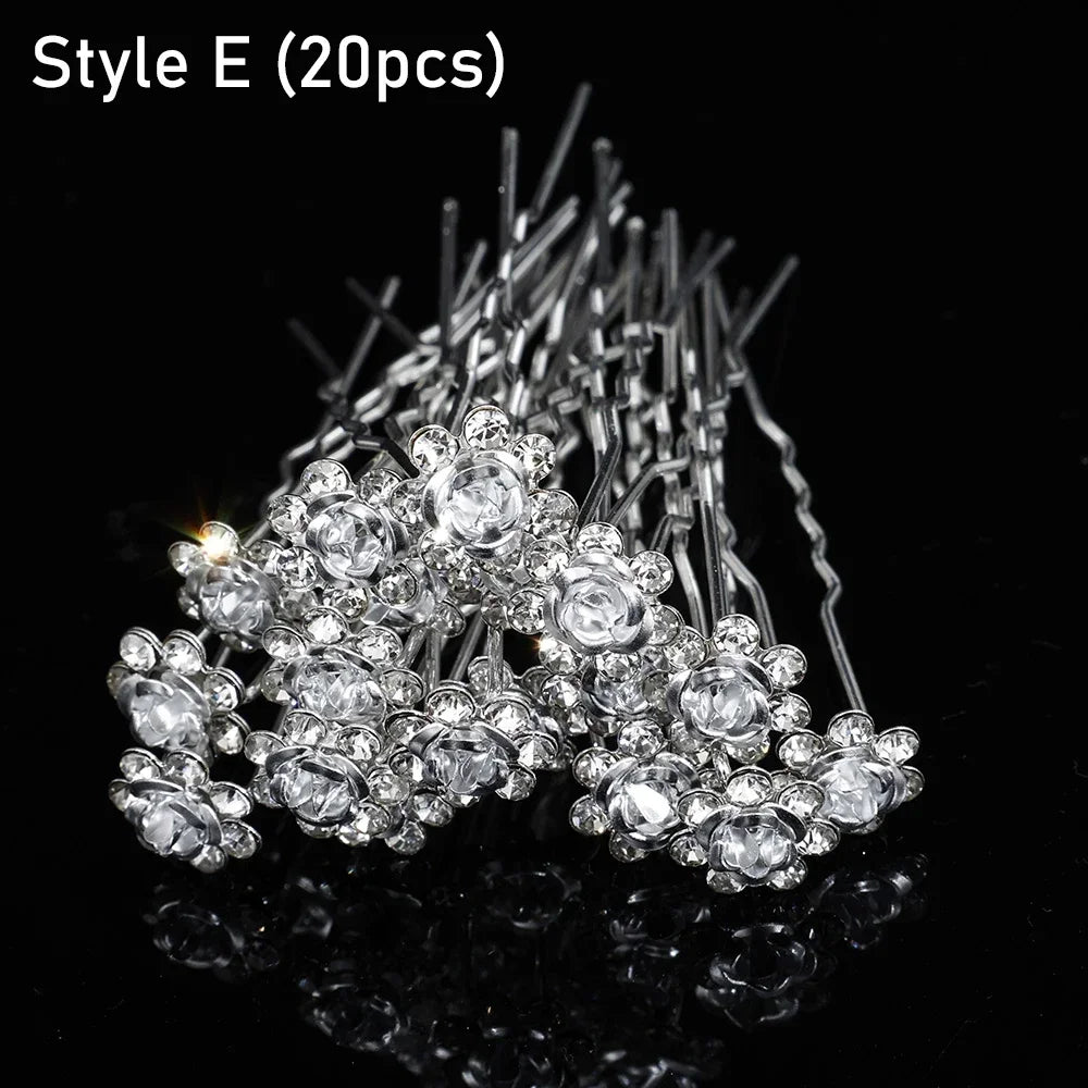 20pcs Elegant Pearl Crystal Hairpin Wedding Bridal U-shaped Metal Hair Comb Forks for Women