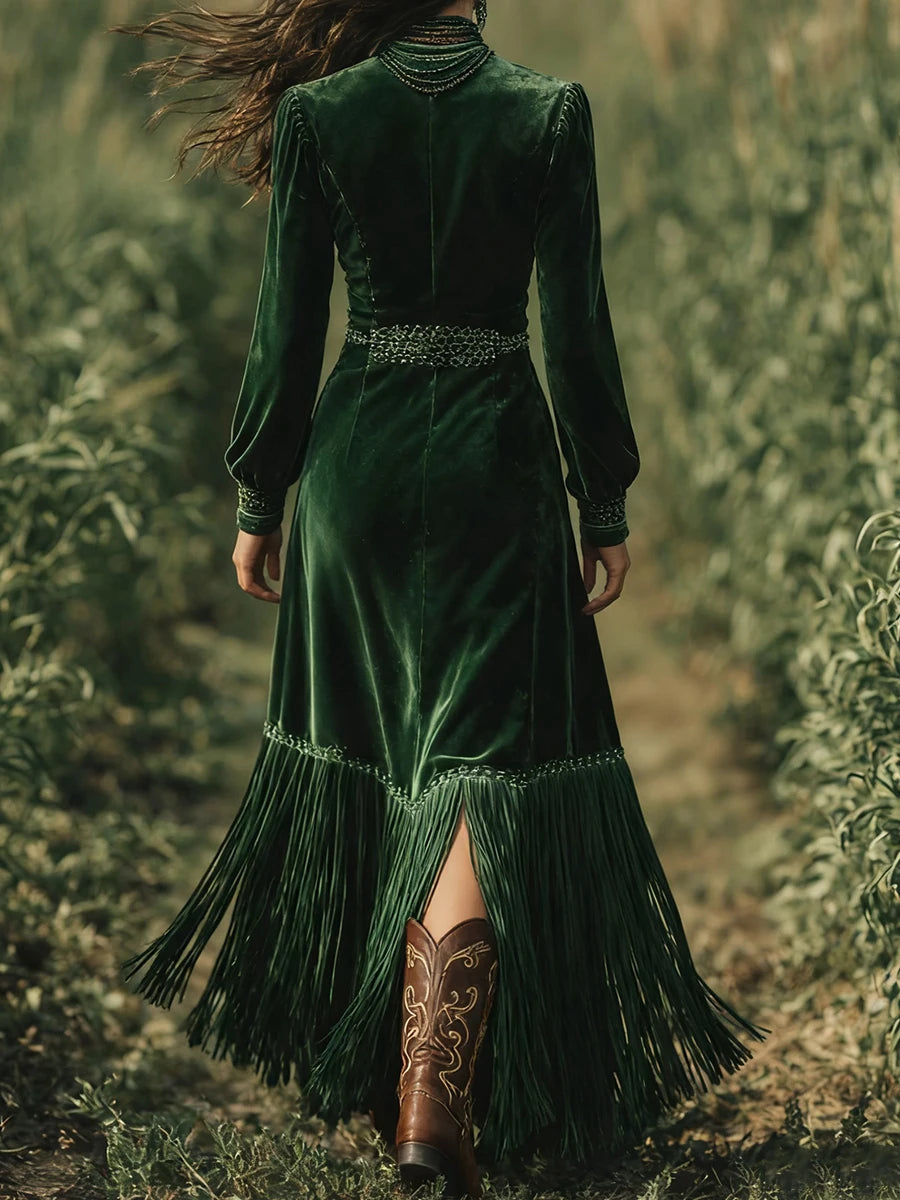 Elegant Women A-Line Velvet Dress Fringe Hem Long Sleeve High Waist Lantern Sleeves