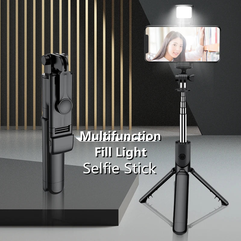 Wireless Bluetooth Selfie Stick Mobile Phone Holder Retractable Portable Mini Tripod With Fill Light Remote Shutter