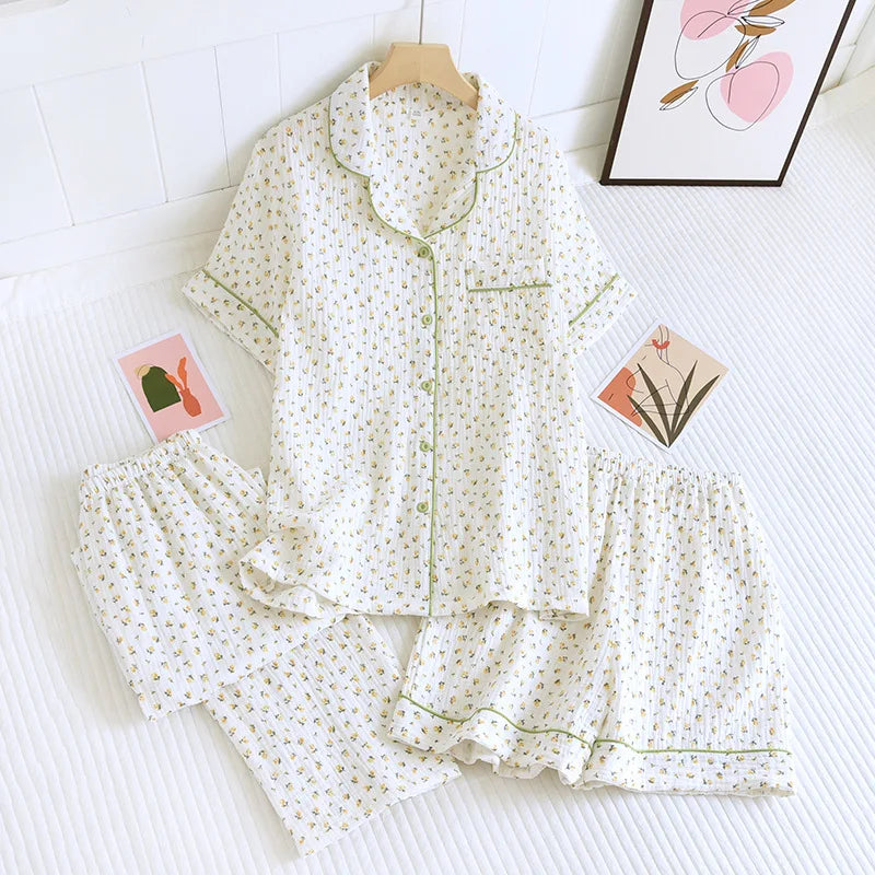 Summer women's cotton crepe three-piece short sleeve + shorts + trousers large size simple flower pajamas