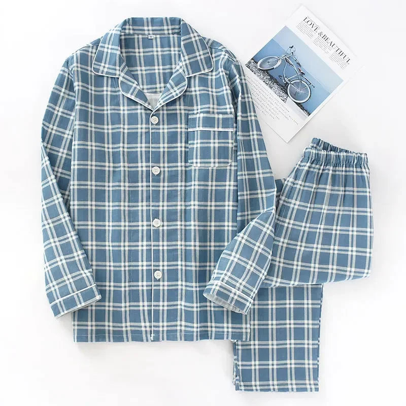 Men's Pajamas Sets Long-sleeved Cardigan Tops and Trousers 100% Cotton Double Gauze Lattice Sleepwear