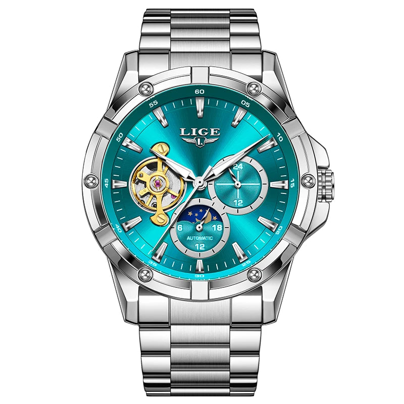 Luxury 24-Hours Moon Phase Automatic Movement Stainless Steel Band Men's Watches
