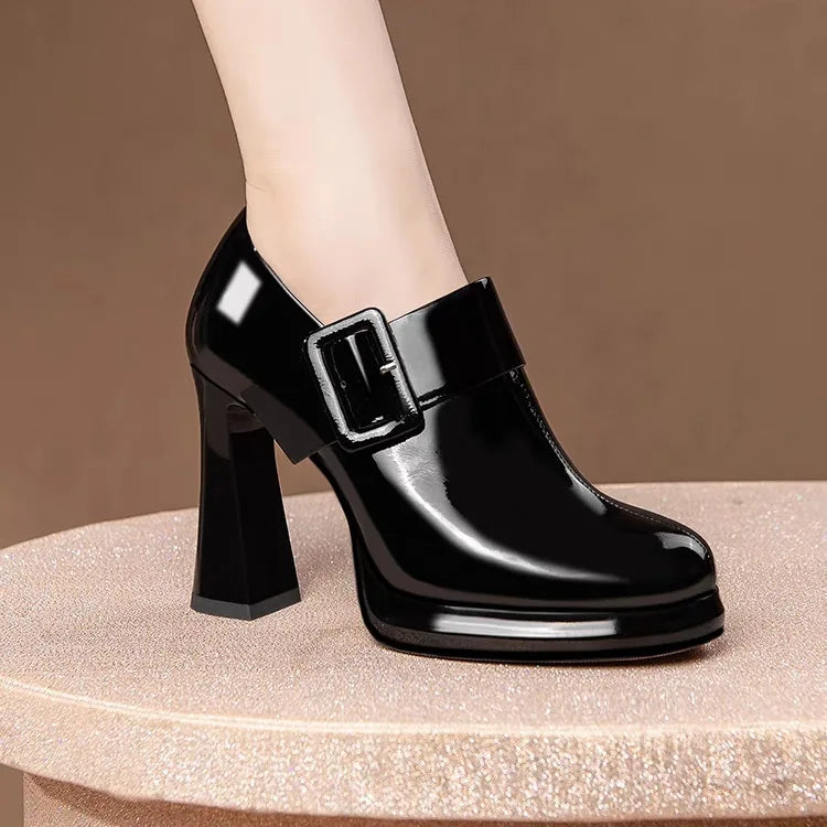 New Black Round Head Thick High Heel Women Pump Shoes