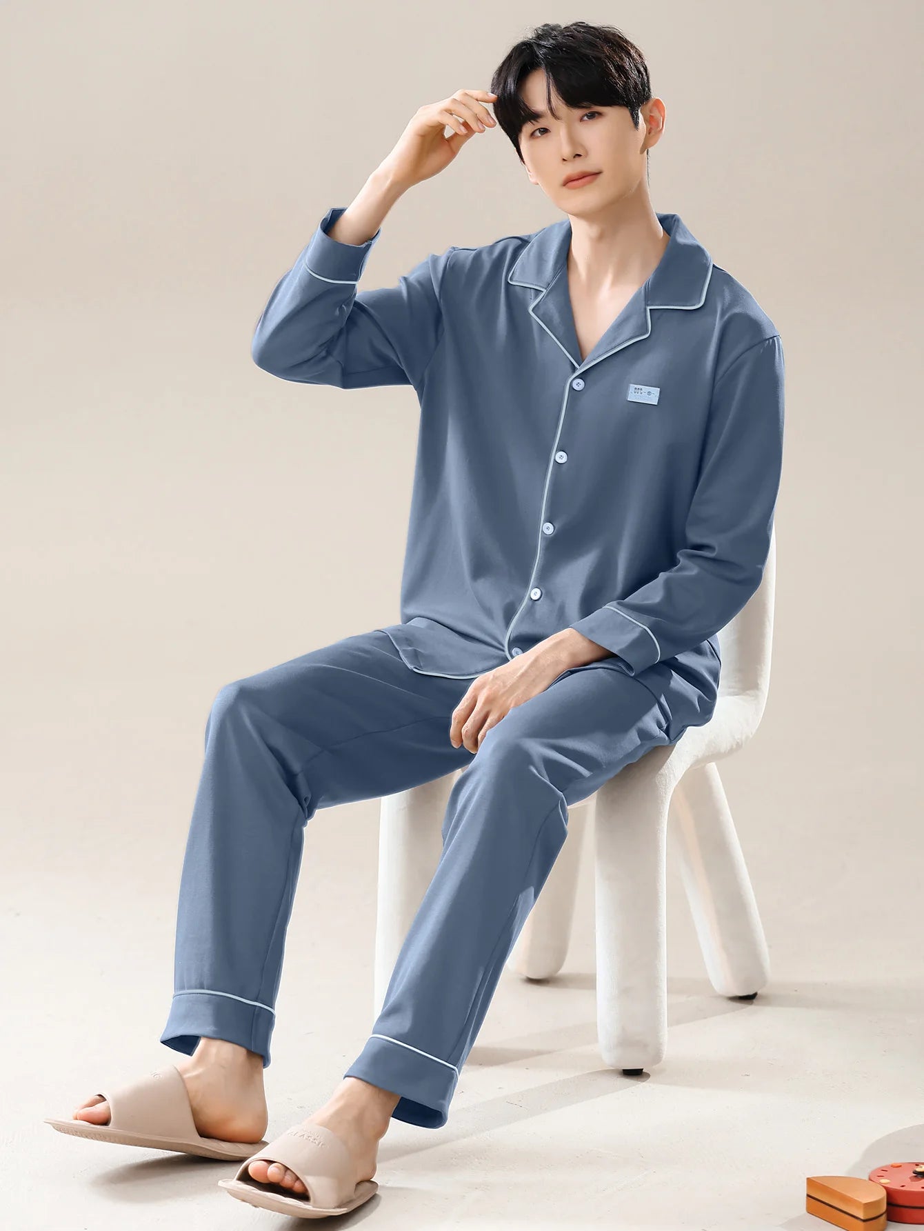 Men's 100% cotton long sleeved four season plus size men's sleepwear, teenage pure cotton home suit set for warmth