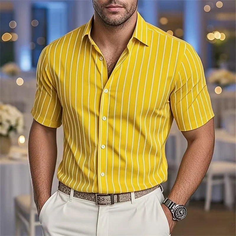 Men's Fashion Striped Loose Short Sleeve Shirt Casual Breathable Lapel Button Shirt Soft and Comfortable