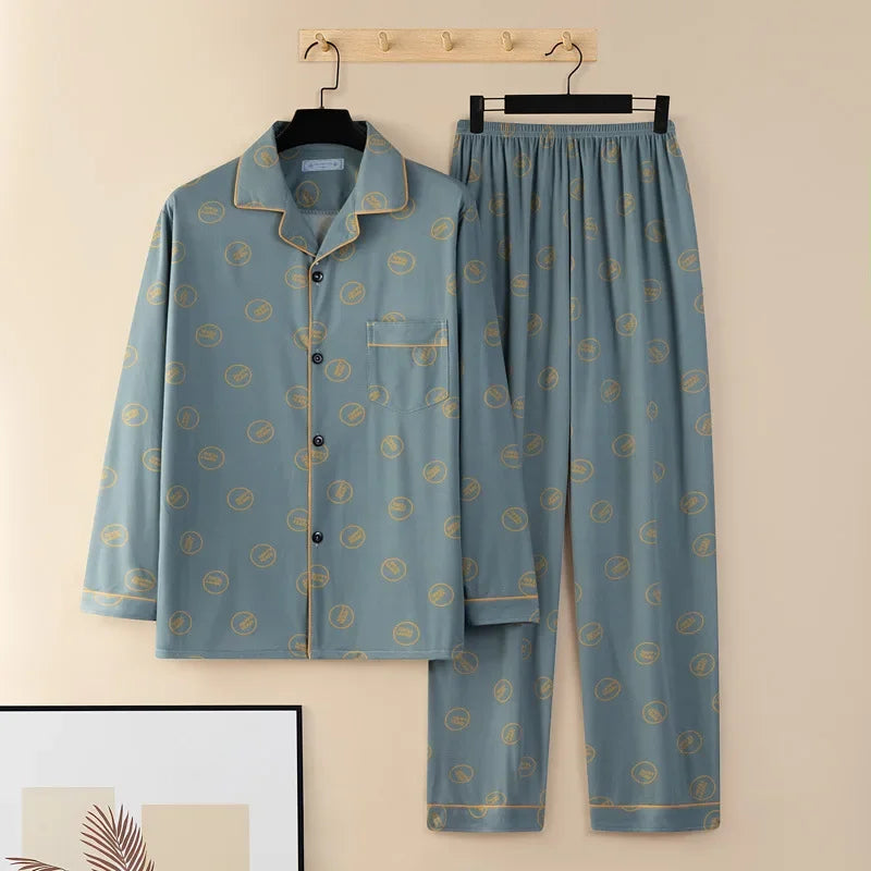 Large Size Men Sleepwear Pajamas Fall and Winter Cardigan Plaid Button Down Top and Pants