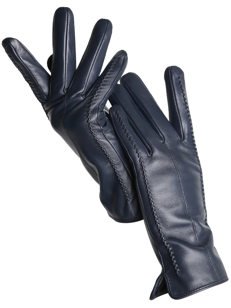 Women's Leather winter warm gloves with velvet thin touch screen
