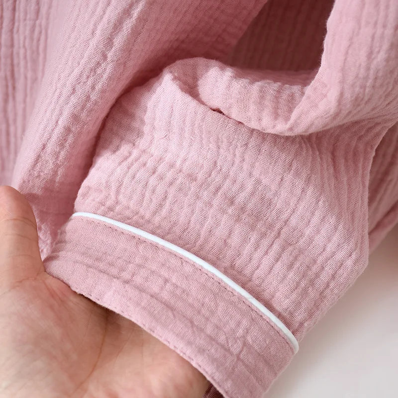 Spring and Autumn Couple Pajamas Set 100%Cotton Crepe Long Sleeve Pants Two Piece Men's and Women's Large Size