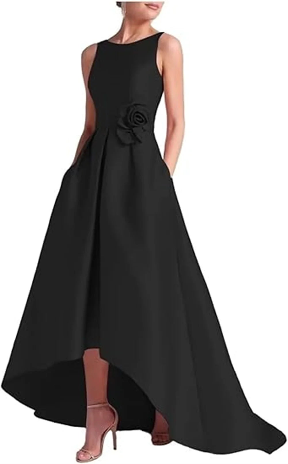 Customized High Low Satin Dresses Wedding Guest Mother of the Bride With Pocket Sleeveless Party Evening Gown
