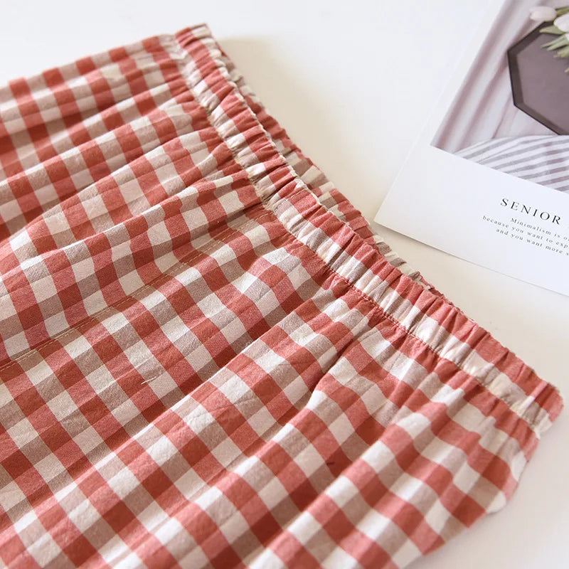 Spring and Autumn Unisex Pajama Set 100% Cotton Men's and Women's Plaid Long Sleeved Two Piece