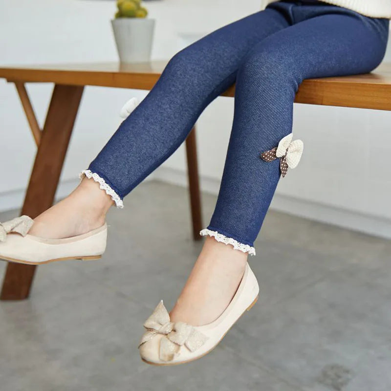 Girls Jean Pants Warm Leggings Thick Velvet Bowknot Kids