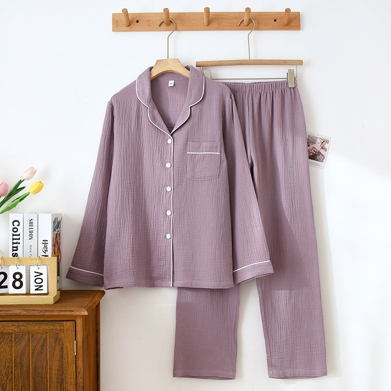 Spring and Autumn Couple Pajamas Set 100%Cotton Crepe Long Sleeve Pants Two Piece Men's and Women's Large Size