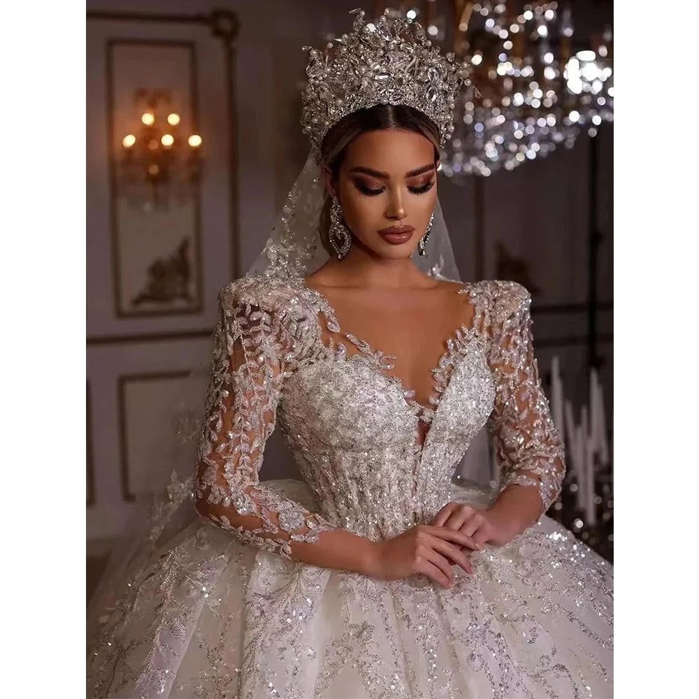 Luxury Elegant Wedding Dress V-Neck Long-Sleeve Lace Appliques A-Line Puffy Skirt Tulle Bridal Gown Customized