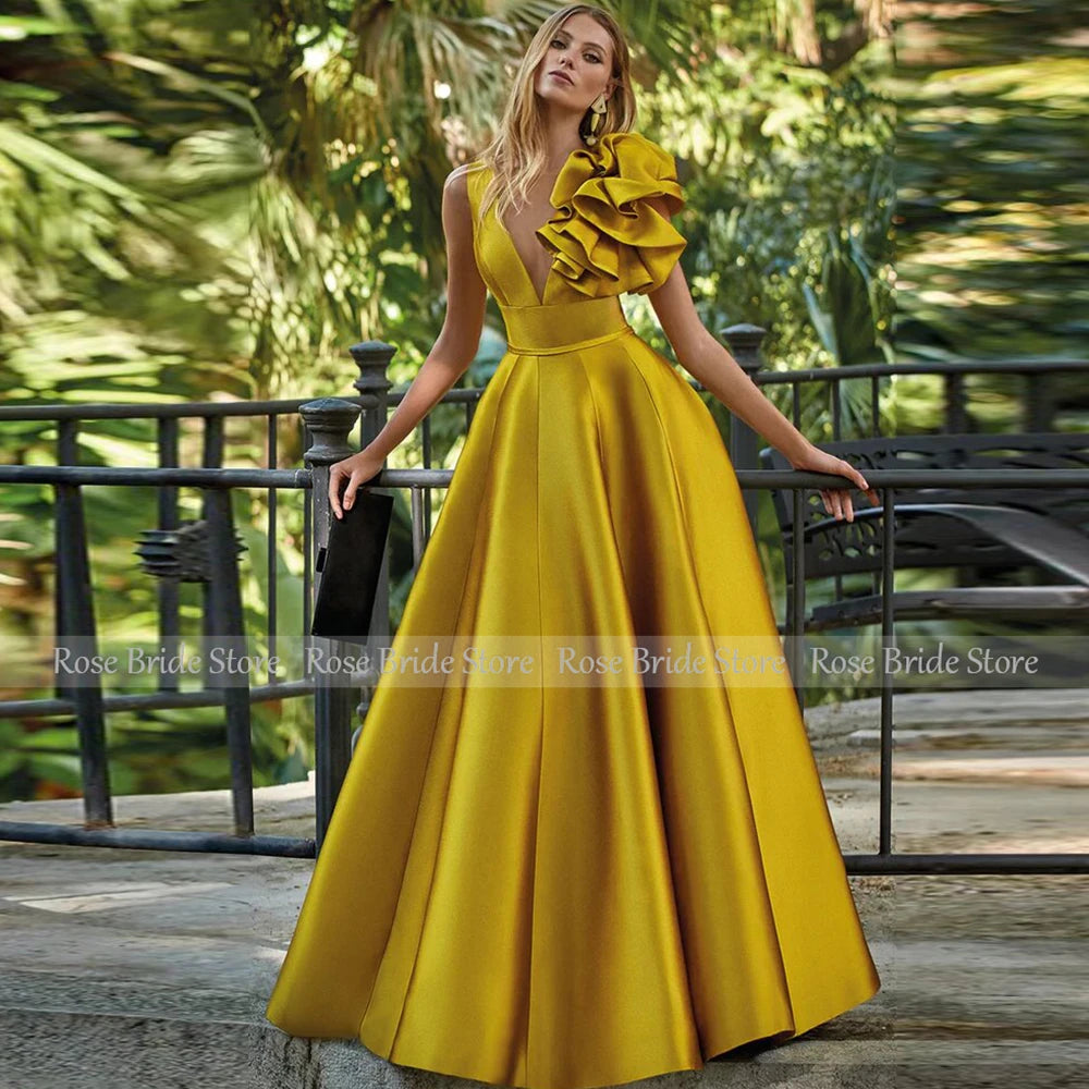 Wedding Guest Dress Formal Golden Satin Ruched Ruffles Gown A-line V-neck Special Occasion Dresses