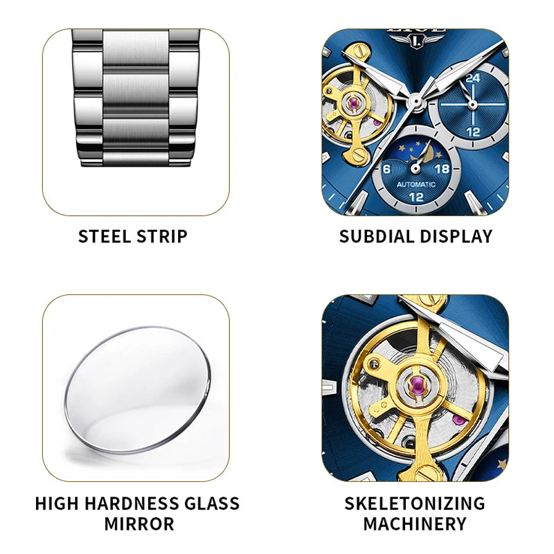 Luxury 24-Hours Moon Phase Automatic Movement Stainless Steel Band Men's Watches