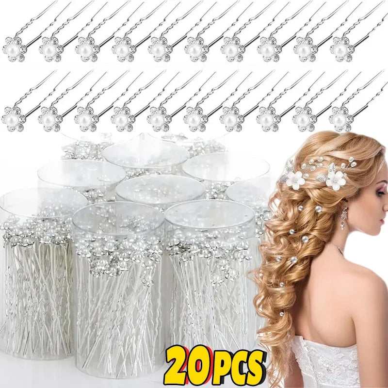 20pcs Elegant Pearl Crystal Hairpin Wedding Bridal U-shaped Metal Hair Comb Forks for Women