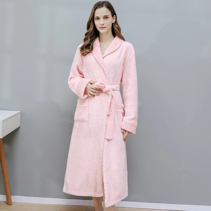 Unisex Autumn/Winter Warm Long Coral Velvet Thick Couple Bath Bathrobes
