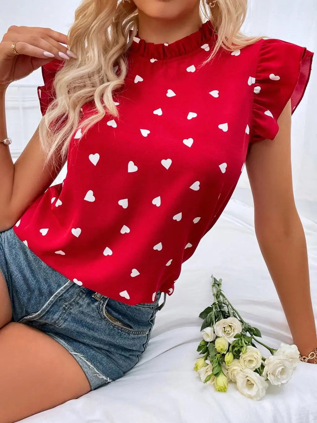 Fashion Chiffon Print Women's Shirt Ruffle Short Sleeve