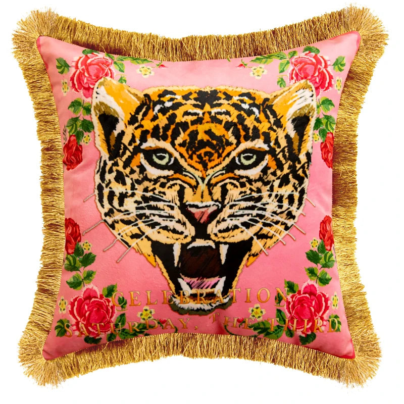 Luxury Pink Tiger Pillowcase Double-sided Velvet Tassel Living Room Sofa Decoration Square Cushion Cover
