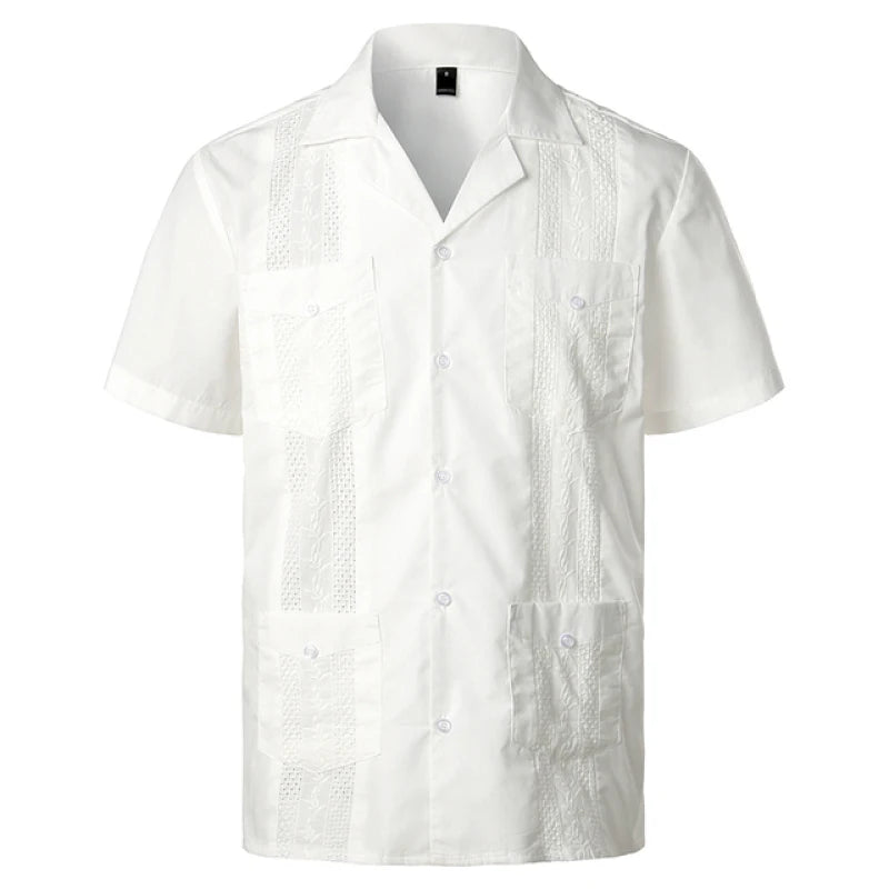 Men's Traditional Cuban Collar Guayabera Shirts Short Sleeve Embroidered w 4 Pockets