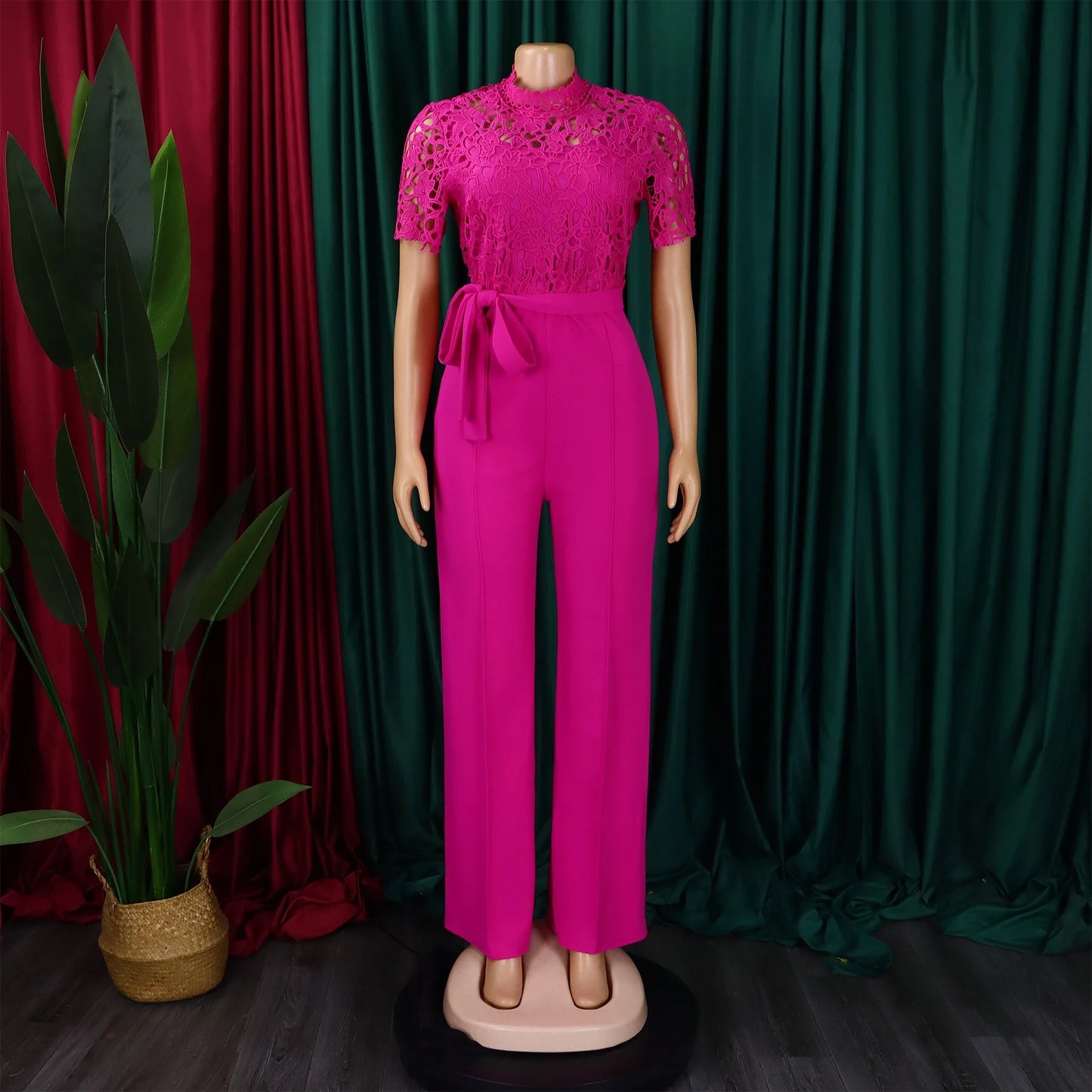Elegant Jumpsuits & Rompers for Women O Neck Short Sleeve Sashes Lace