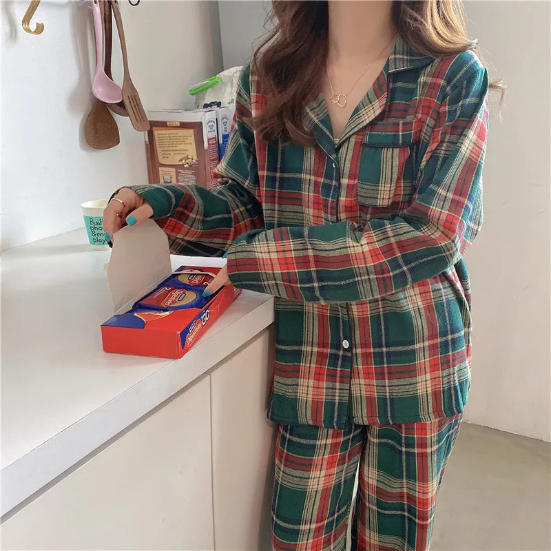 Green Christmas Pajamas Couple Pajama Set Simple Plaid Sleepwear Cotton Autumn Winter Women