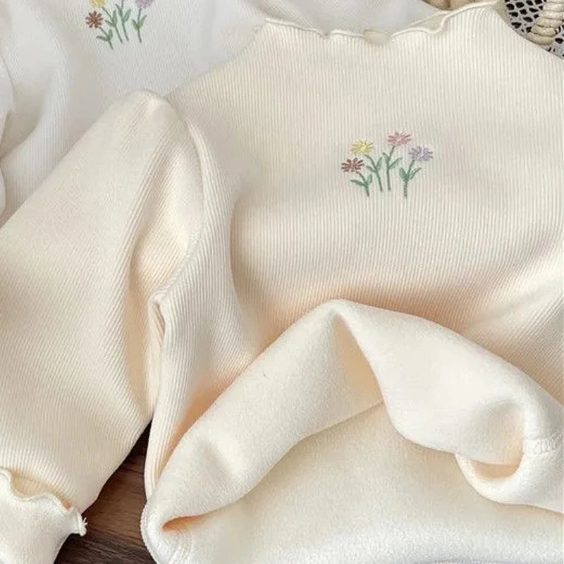 Girls Winter Warm Sweater with Puff Sleeve Flower Embroidery