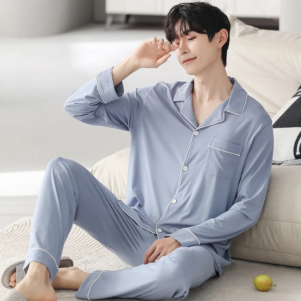Autumn Men's Pajamas Sets Long Sleeve Modal Cotton Thin Teenage Boys' Large Size Spring Outwear Home Cloth Suit Sleepwear Male