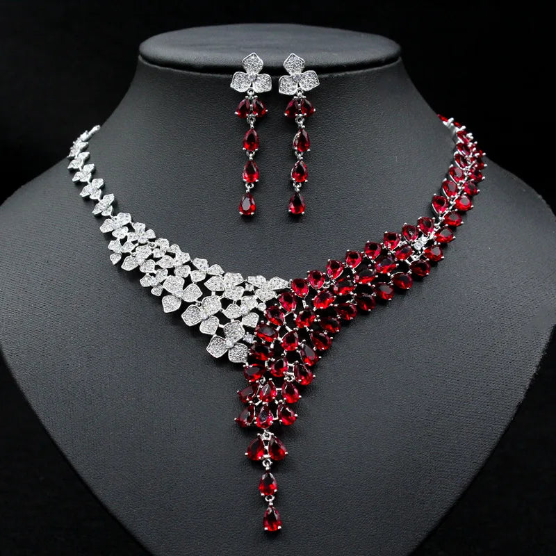 Women Flower Drop Necklace Earring 18K Gold Plated Pink Crown Zirconia