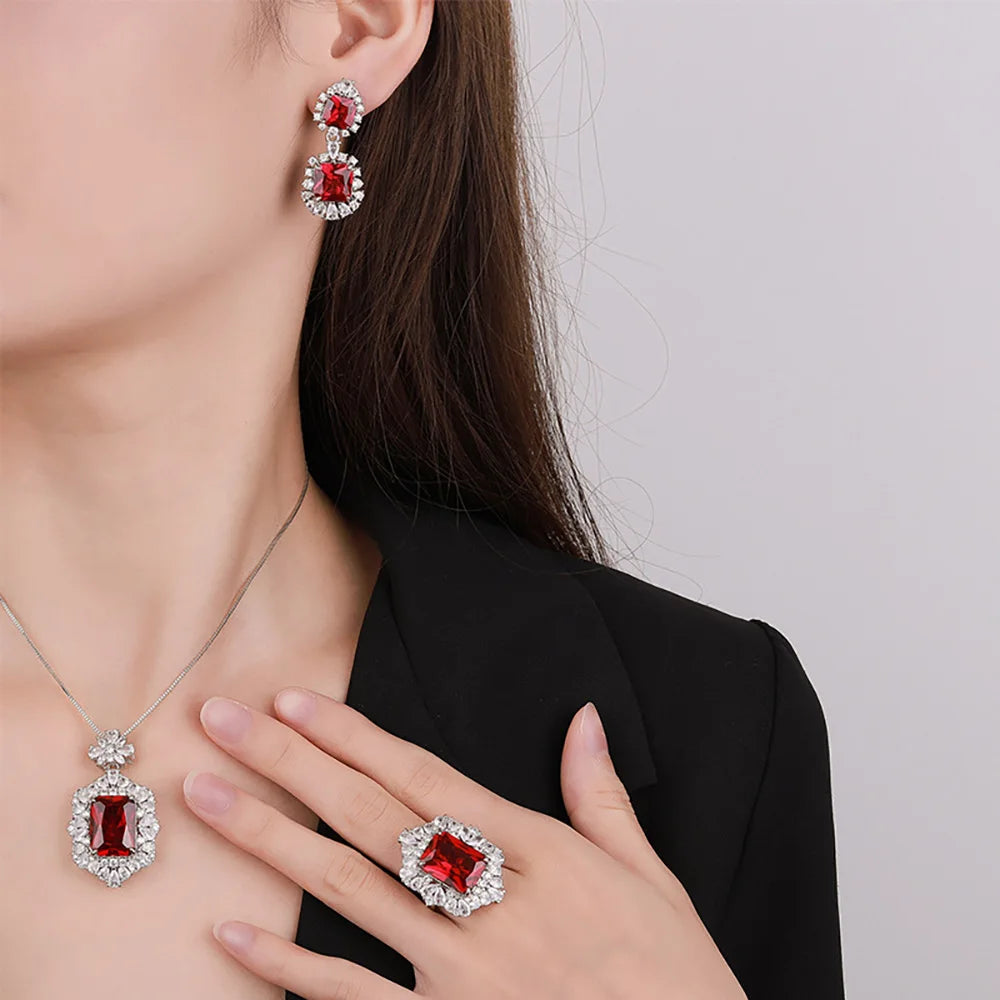 Ruby Necklace Pendant Rings Dangle Earrings Lab Diamond Fine Jewelry Sets