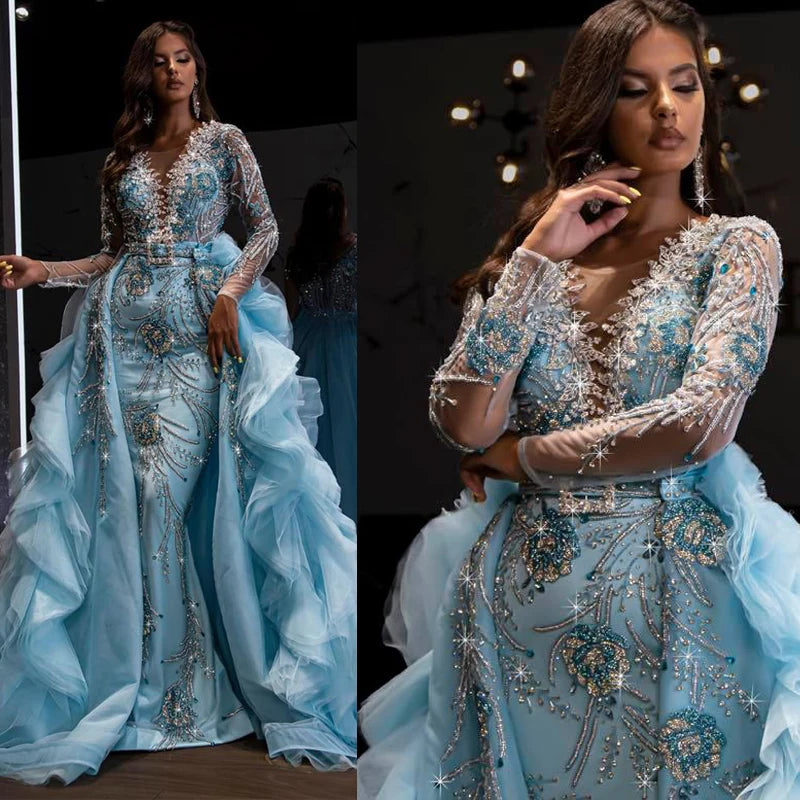 Luxury Beaded Mermaid Evening Dresses With Puffy Detachable Train Vintage Applique Full Sleeves Crystal Evening Gowns